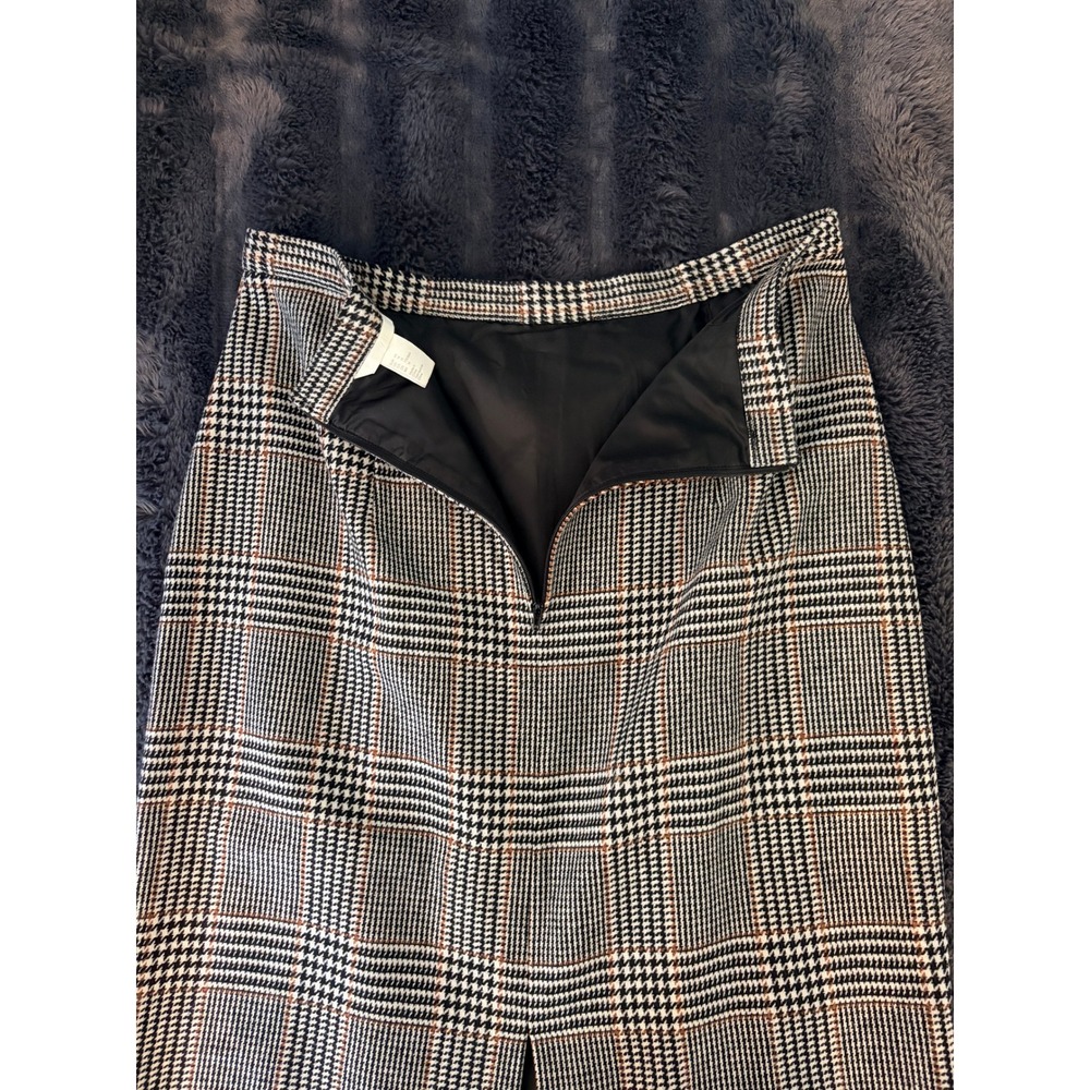 H&M Pencil Skirt 14 Black Tan Glen Plaid Midi Back Vent Academic Dark Academia - Picture 7 of 12